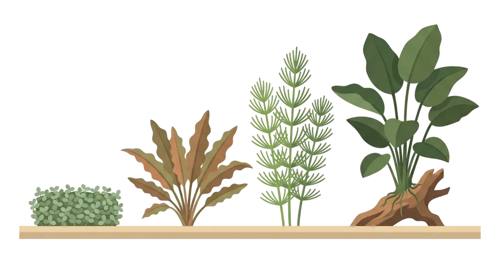 Aquarienpflanzen nach Zonen nebeneinander: Rasenpflanze, Cryptocoryne-Rosette, Stängelpflanzen und Anubias auf einem Stück Holz