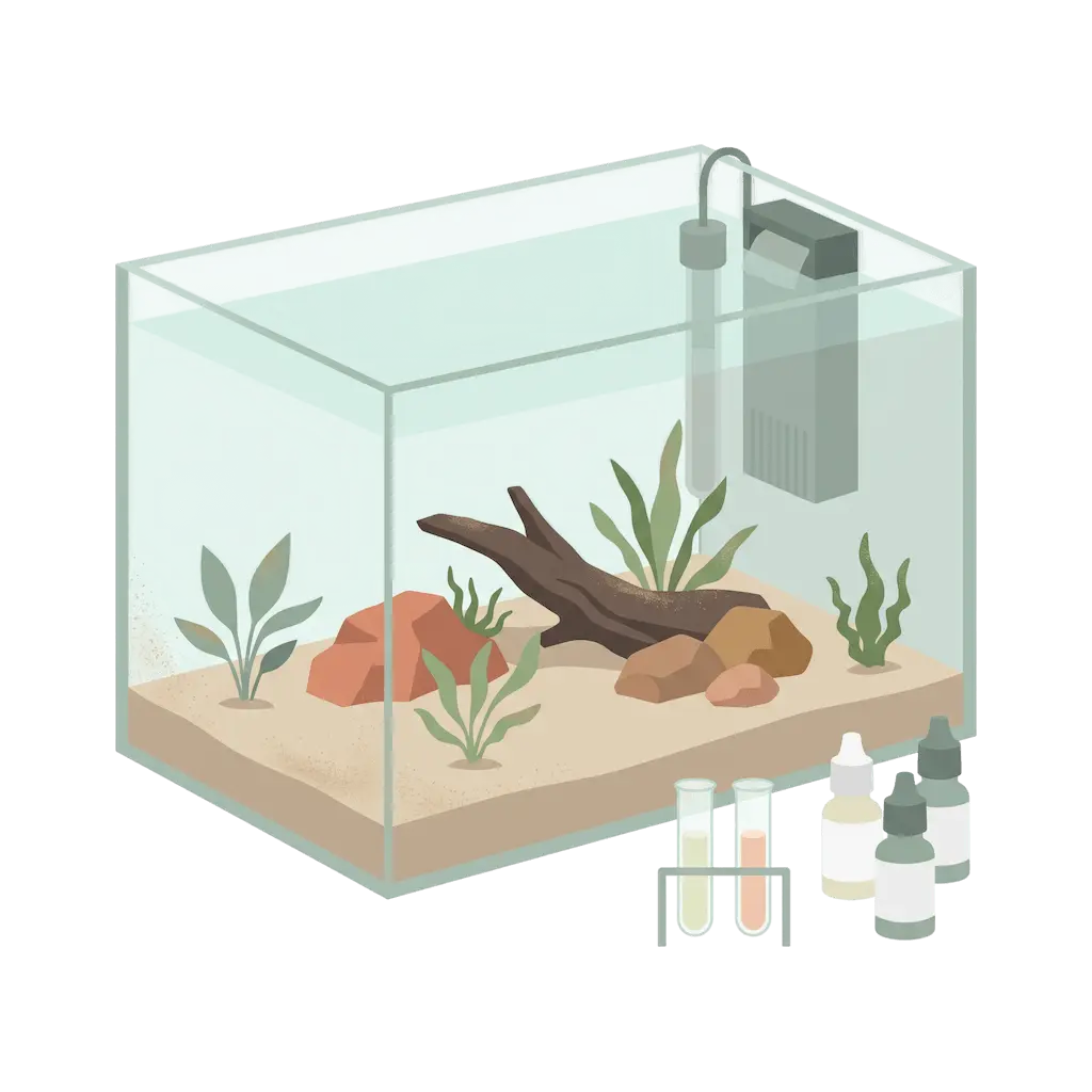 Frisch eingerichtetes Aquascape ohne Tiere mit kleinen Pflanzen, Filter und Heizstab, davor ein Wassertest-Set mit zwei Röhrchen und Tropfflaschen