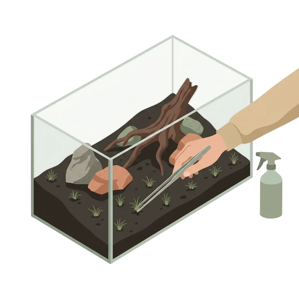 Hand setzt mit einer langen Pinzette schräg kleine Büschel Bodendecker in feuchten Soil, das Becken mit Steinen und Wurzel ist noch ohne Wasser, eine Sprühflasche steht daneben