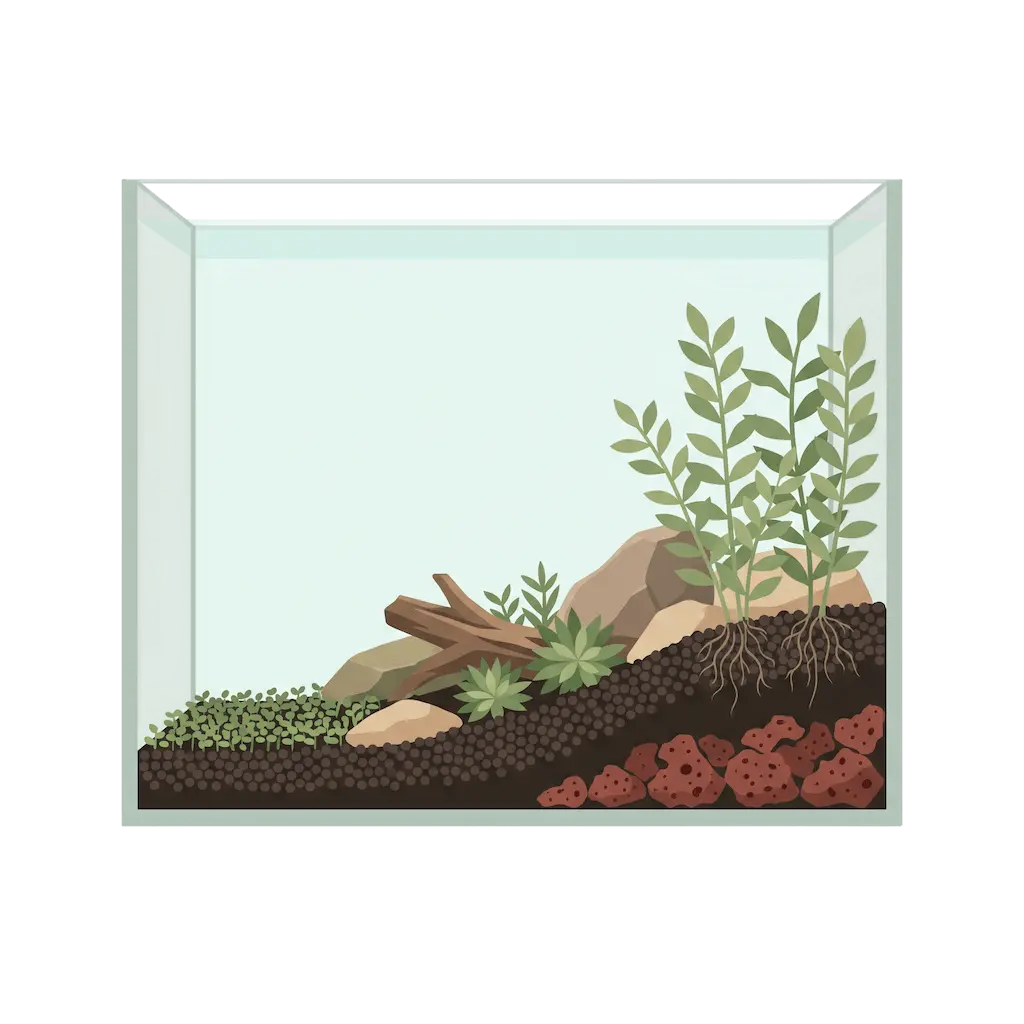 Seitlicher Schnitt durch ein Aquarium: dunkler Soil steigt von vorn nach hinten an, unter der hinteren Schicht liegt Lavagestein, darauf Rasen, Rosetten und Stängelpflanzen
