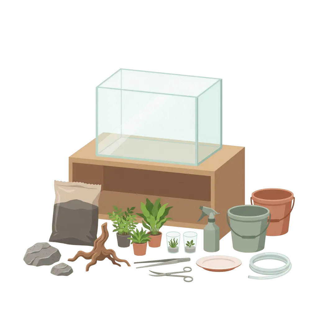 Material für das erste Aquascape: leeres Becken auf einem Unterschrank, Sack Soil, Steine, Wurzelholz, Pflanzen im Topf und In-vitro-Becher, Pinzette, Schere, Sprühflasche, Teller, Schlauch und zwei Eimer
