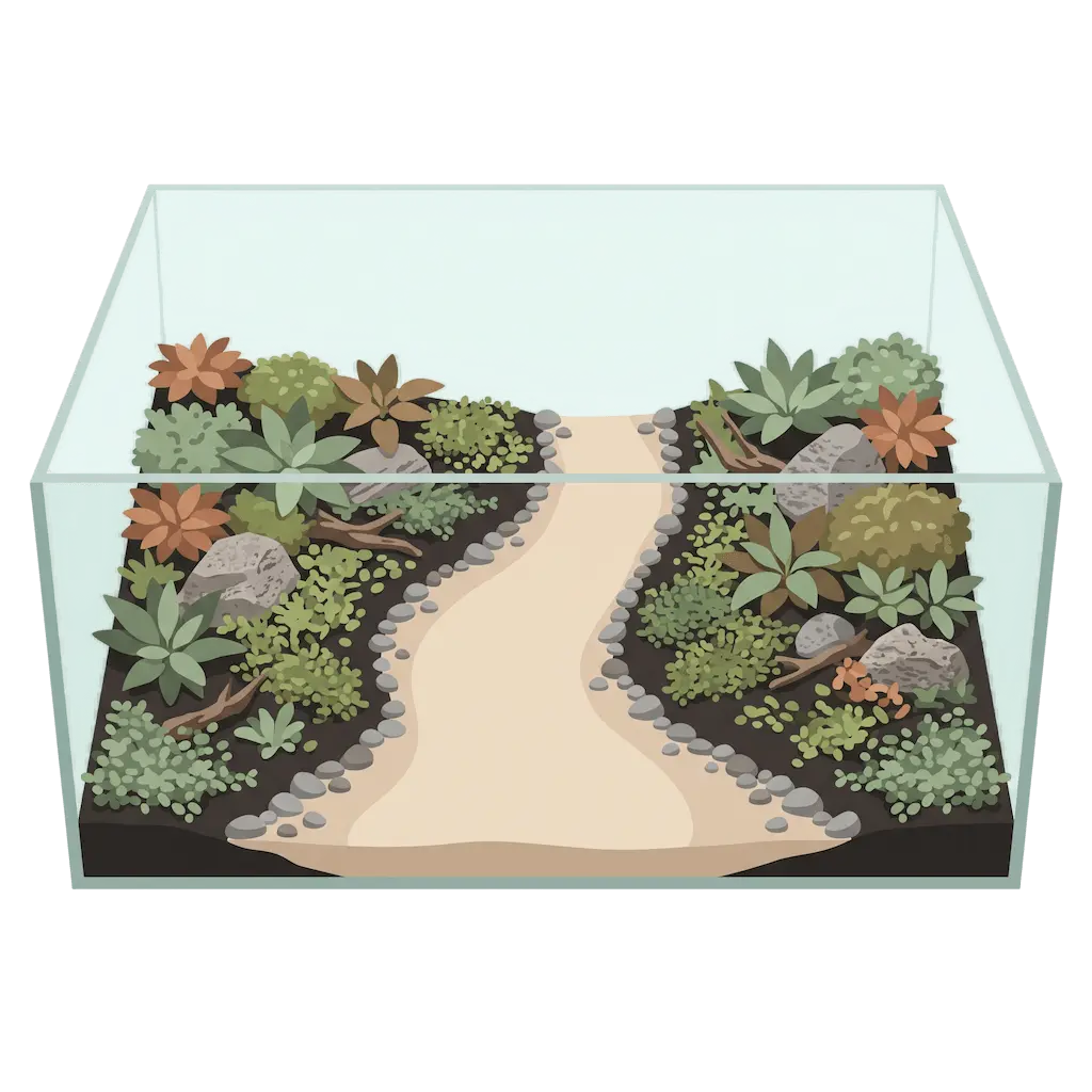 Heller Sandweg schlängelt sich durch ein Aquascape, Reihen kleiner Kiesel trennen ihn sauber vom dunklen Soil mit Bodendeckern und Rosetten