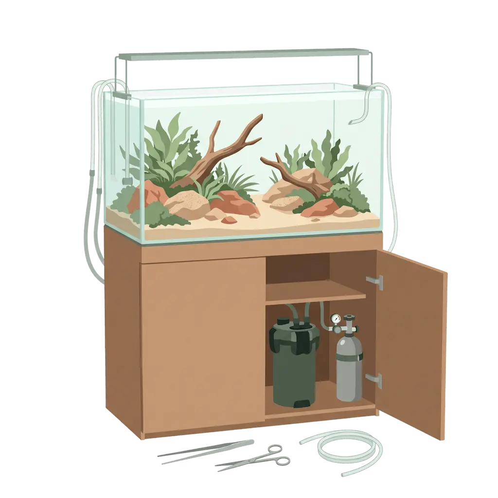 Fertiges Aquascape-Setup: rahmenloses Becken mit Leuchte, Steinen, Wurzeln und Pflanzen auf einem Unterschrank, in dem hinter der offenen Tür ein Außenfilter und eine CO2-Flasche stehen, davor Pinzette, Schere und Schlauch