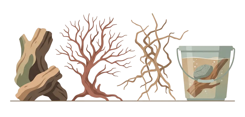 Drei Wurzelholzarten nebeneinander: schweres zweifarbiges Mopani, fein verästeltes Redmoor und helles Spiderwood, daneben ein Eimer, in dem ein Stein das Holz beim Wässern unter Wasser hält