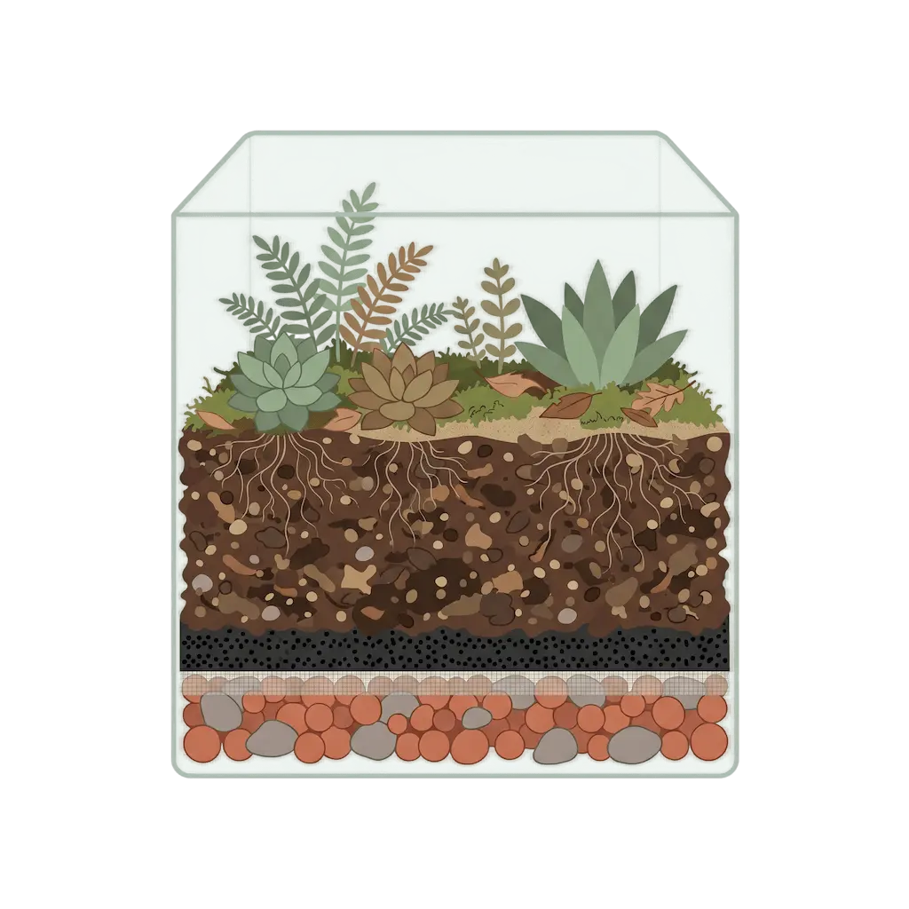 Querschnitt durch einen Terrarienboden: unten Blähton als Drainage, darüber Trennvlies, eine dünne Schicht Aktivkohle, das Substrat mit Wurzeln und obenauf Moos, Laub und Pflanzen