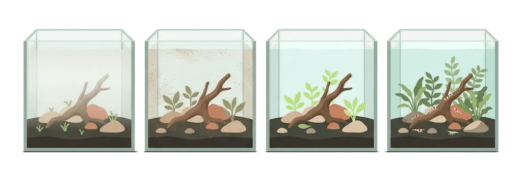 Dasselbe Aquascape viermal nebeneinander: trübes Wasser, brauner Kieselalgenbelag, klares Wasser mit Neutrieb, Garnelen ziehen ein