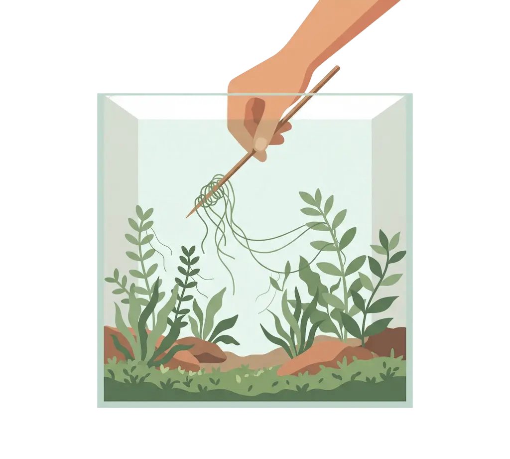 Hand dreht mit einem Holzstab lange grüne Fadenalgen aus einem Aquarium, darunter gesunde Stängelpflanzen