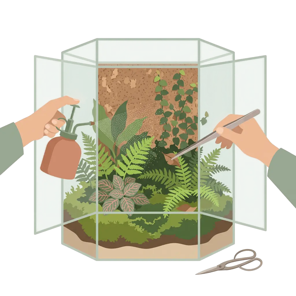 Hände besprühen ein Terrarium mit offenen Türen mit einer Drucksprühflasche und entfernen mit einer langen Pinzette ein braunes Blatt, daneben liegt eine Schere