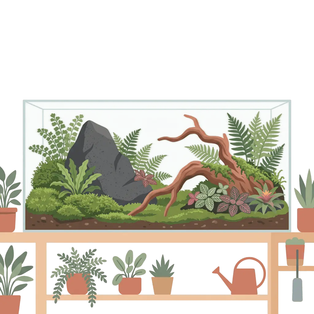 Flaches Terrarium, in dem der größte Stein nicht mittig, sondern auf etwa einem Drittel der Breite steht