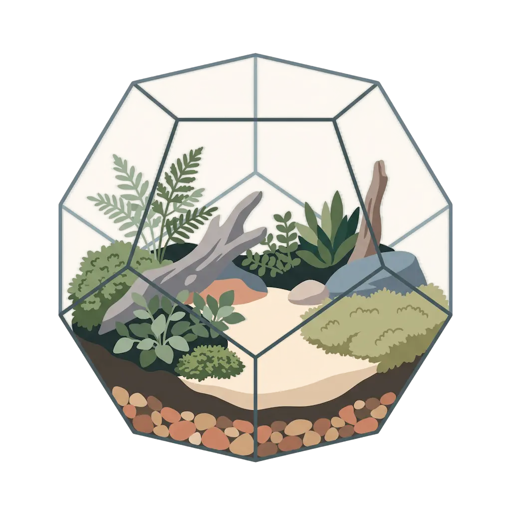 Geometrisches Terrarium mit einer offenen Sandfläche als Ruhepunkt zwischen den bepflanzten Bereichen