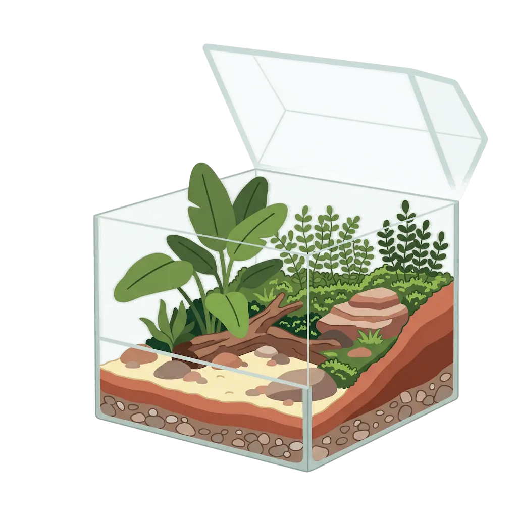 Offenes Terrarium mit gestaffelter Bepflanzung: großblättrige Pflanzen vorne, kleinblättrige nach hinten