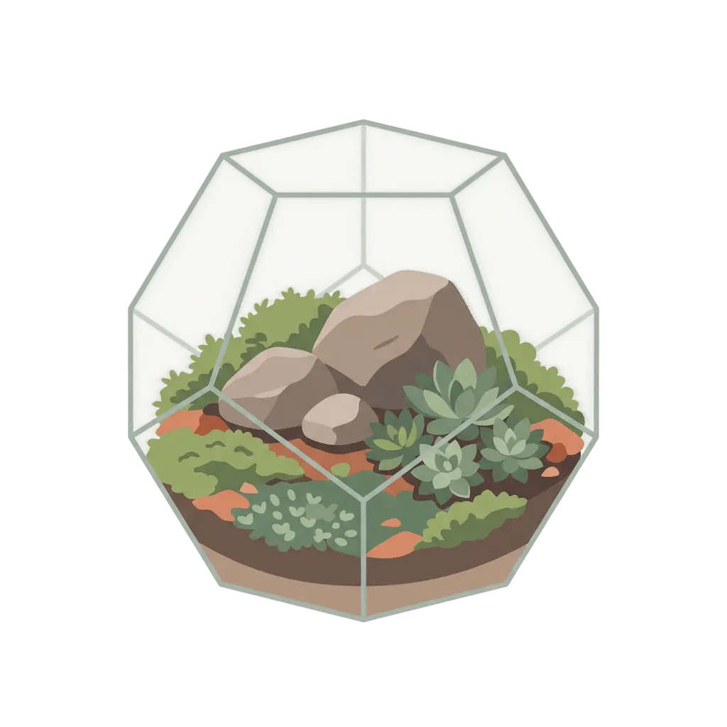 Geometrisches Terrarium mit drei unterschiedlich großen Steinen, die als Gruppe zusammenstehen