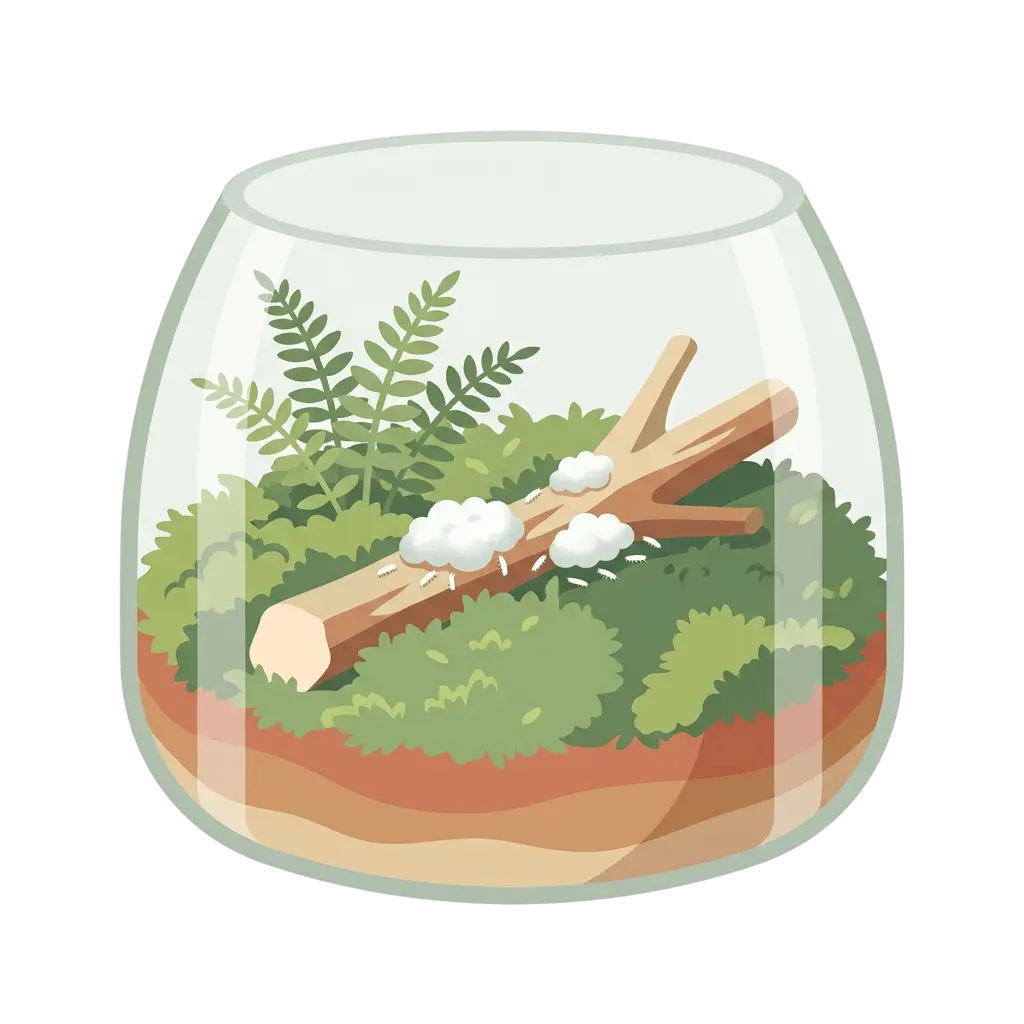 Weißer Schimmelflaum auf einem frischen Holzstück im Terrarium, an dem winzige weiße Springschwänze fressen