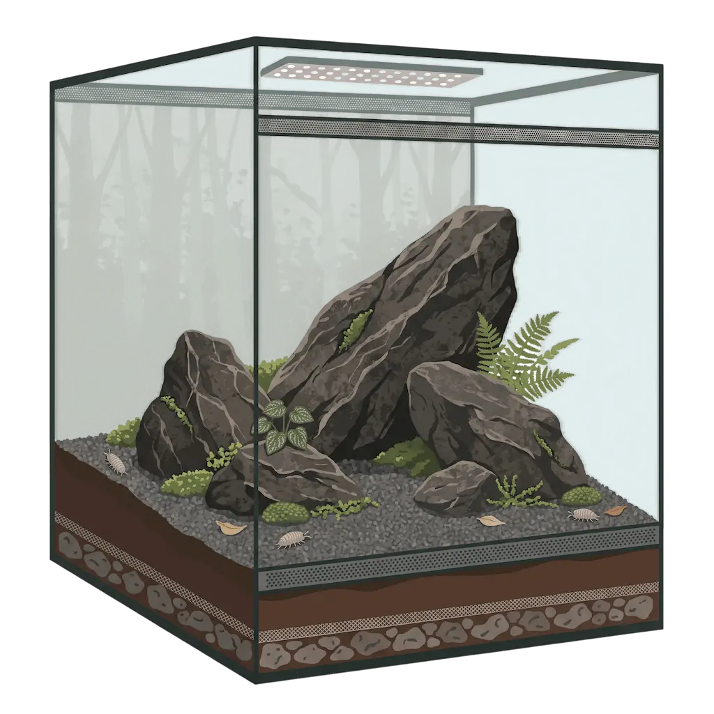 Terrarium im Felslandschaft-Stil mit wenigen markanten Steinen und sparsamer Bepflanzung in den Nischen