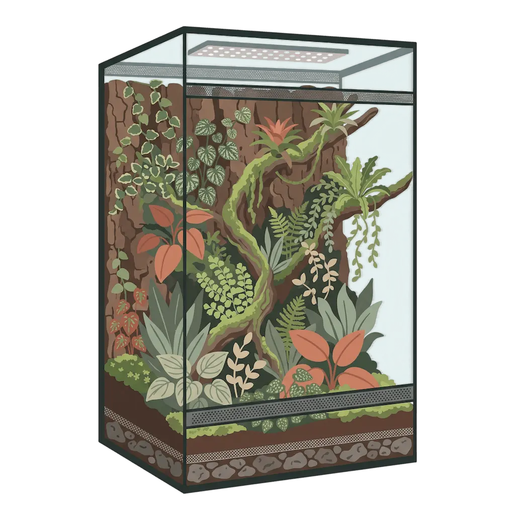 Hohes Terrarium im Jungle-Stil mit begrünter Rückwand, Ranken, Bromelien und dicht bepflanztem Boden