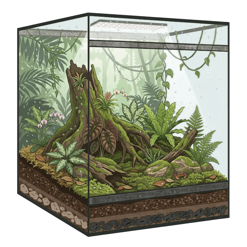 Naturalistisches Vivarium mit Wurzel, Bromelien, Moospolstern und einem Frosch als Bewohner