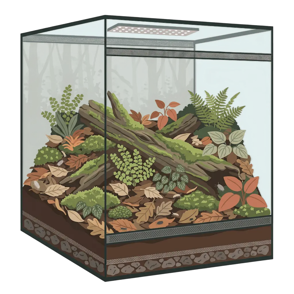 Flaches Terrarium im Waldboden-Stil mit Laubschicht, Moospolstern, liegendem Ast und Farnen