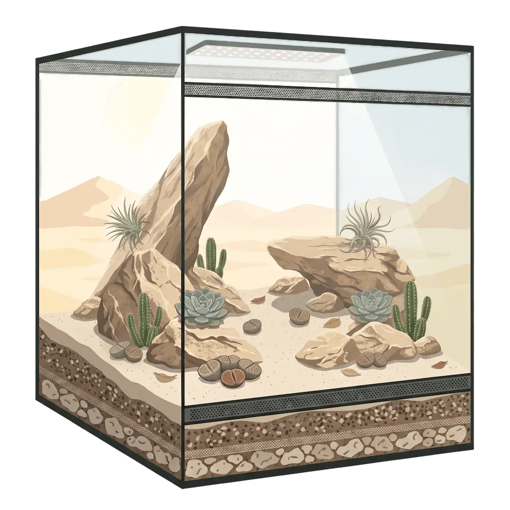 Offenes Terrarium im Wüstenstil mit Sand, Felsen, Kakteen und Tillandsien und viel Raum dazwischen