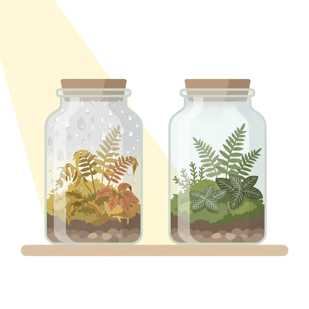 Zwei gleiche verschlossene Gläser: links im Sonnenstrahl mit vergilbten, welken Pflanzen und stark beschlagener Scheibe, rechts im Schatten mit gesundem Farn und Fittonia