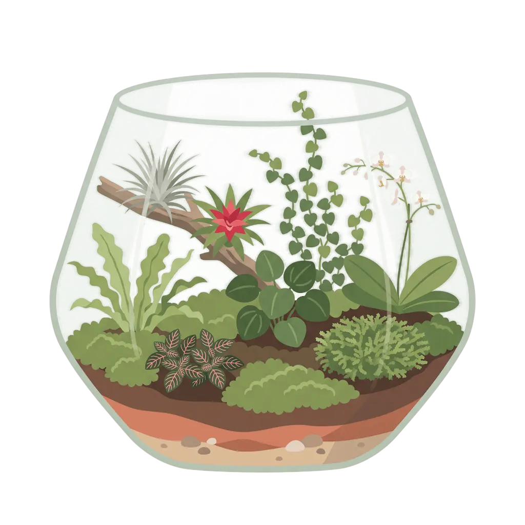 Terrarium mit typischen Terrarienpflanzen: Tillandsie und Bromelie auf einem Ast, Kletterpflanze, Mini-Orchidee, Farn, Fittonia, Peperomie, Moosfarn und Moos