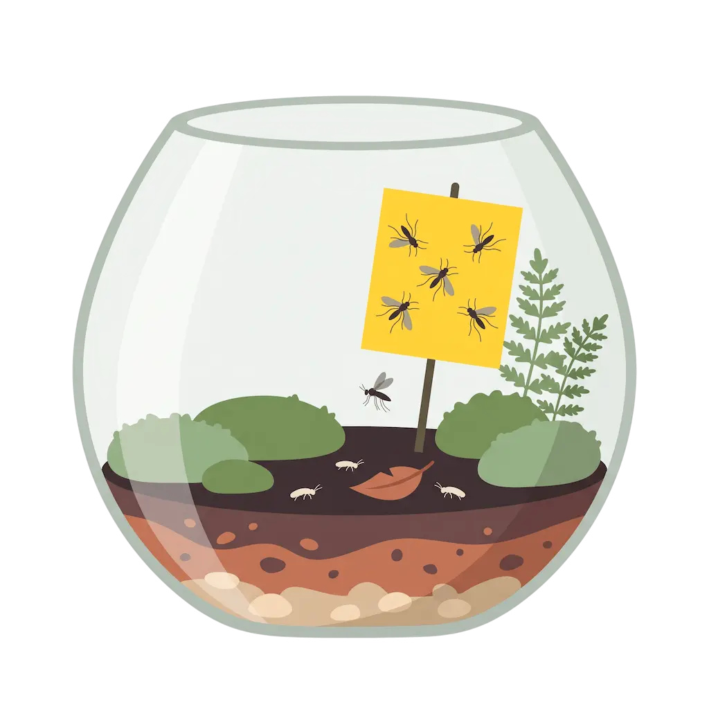 Gelbtafel im Terrarium mit gefangenen Trauermücken, darunter weiße Springschwänze auf der Erde