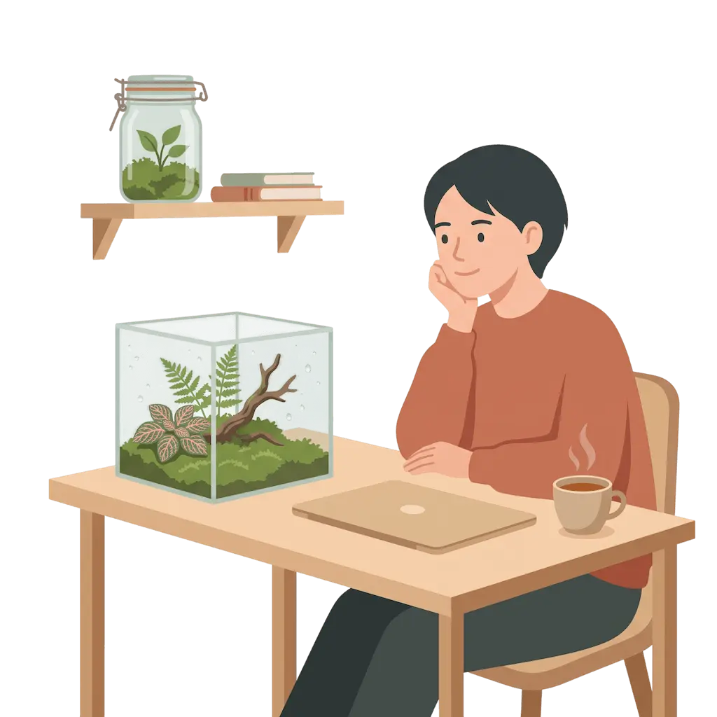 Eine Person sitzt entspannt am Schreibtisch und betrachtet ein kleines geschlossenes Terrarium mit Moos, Farn und Fittonia, im Regal darüber steht ein Einmachglas mit Moos
