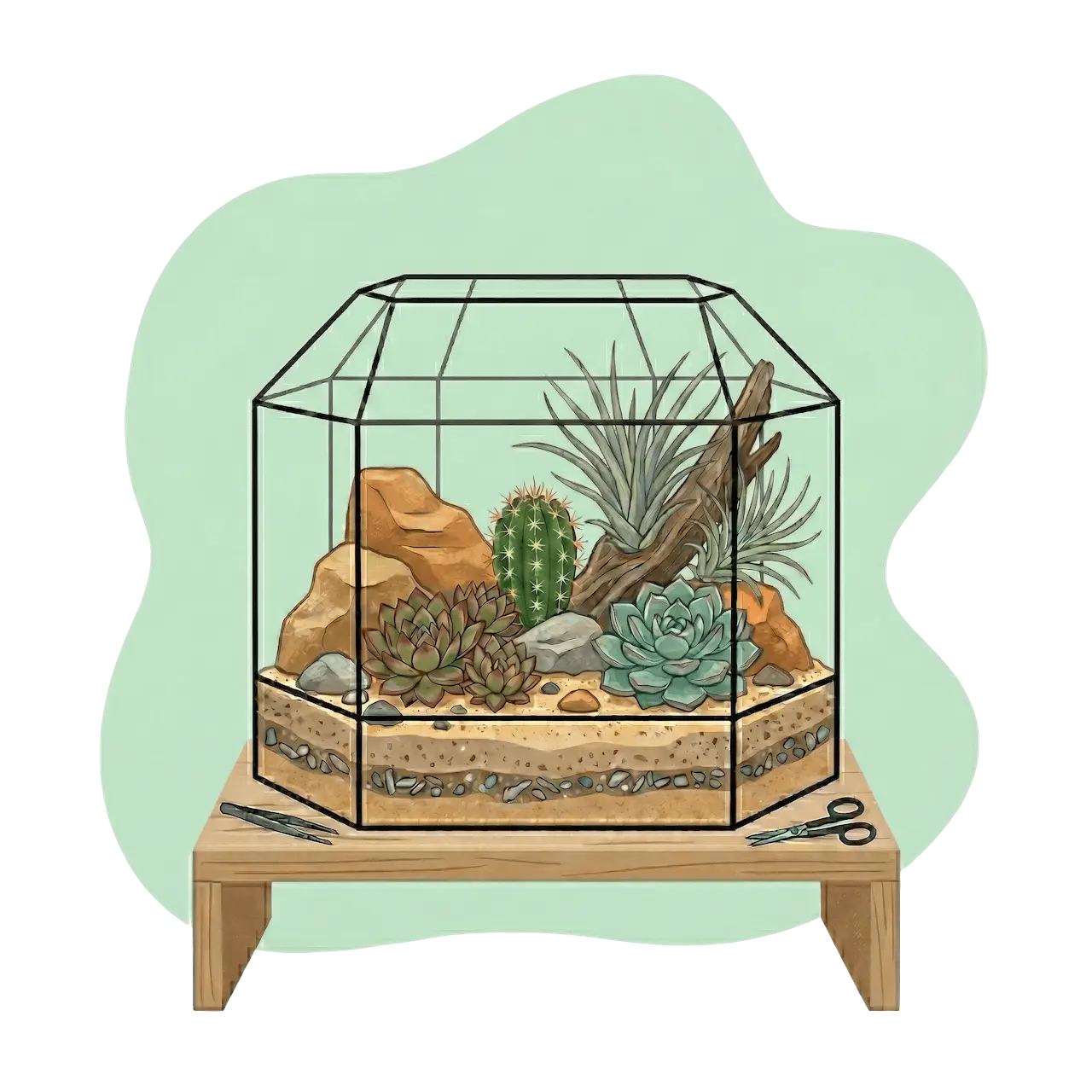 Arides Terrarium mit Sukkulenten und Kakteen